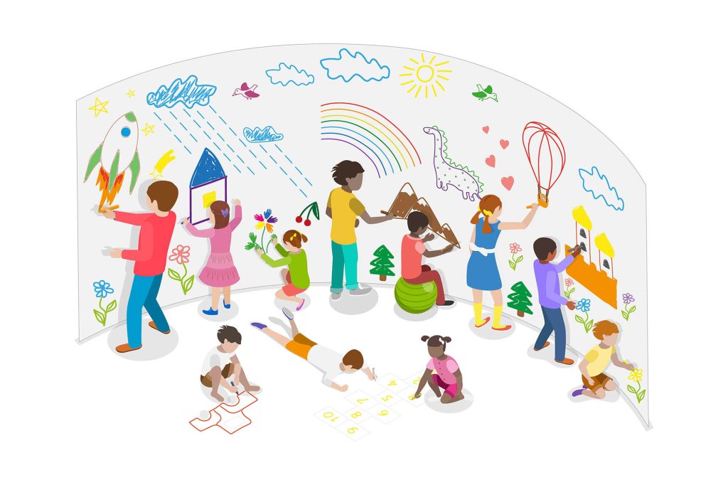 Illustration of a group of children drawing pictures together on a wonder wall
