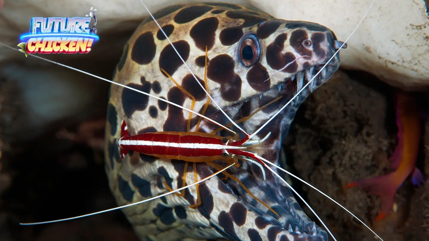Eel with a cleaner shrimp cleaning its teeth