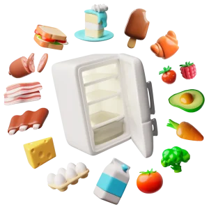 Fridge illustration with food circled around it